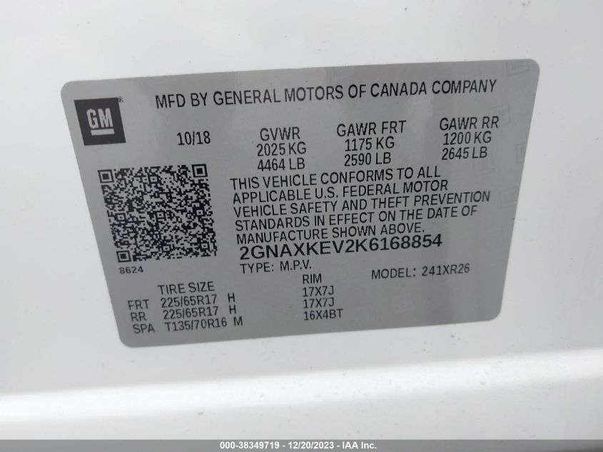 2019 CHEVROLET EQUINOX LT - 2GNAXKEV2K6168854