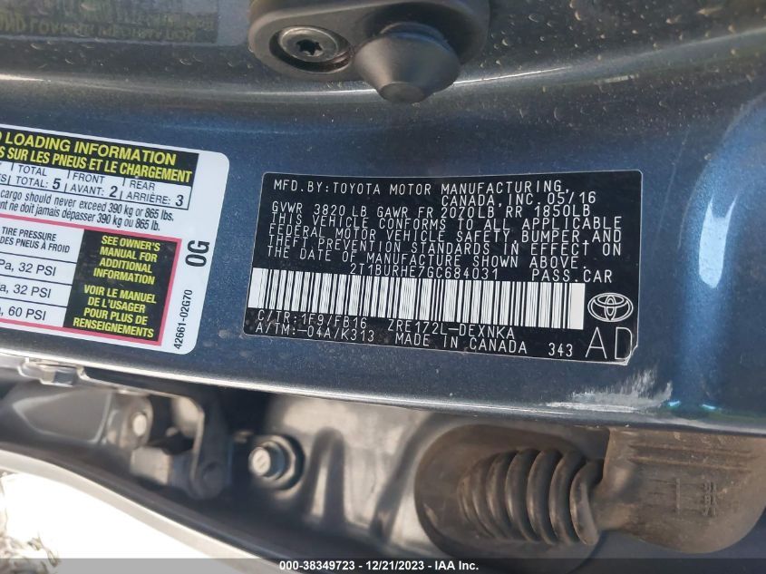 2016 TOYOTA COROLLA LE 2T1BURHE7GC684031