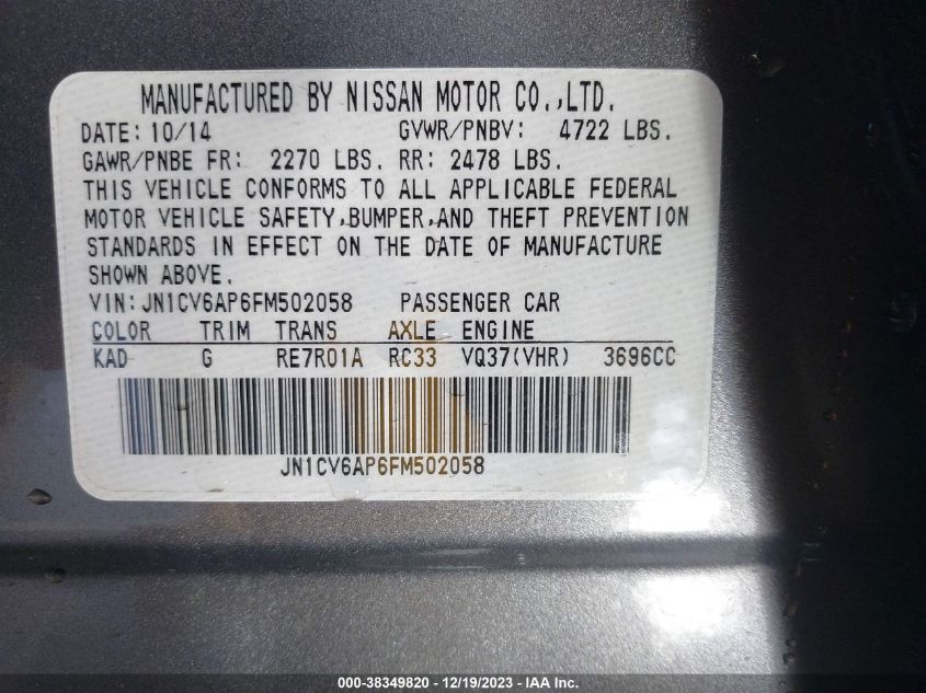 2015 INFINITI Q40 JN1CV6AP6FM502058