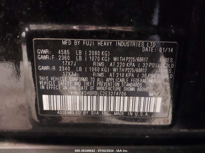 2014 SUBARU OUTBACK 2.5I LIMITED - 4S4BRBLC2E3274706