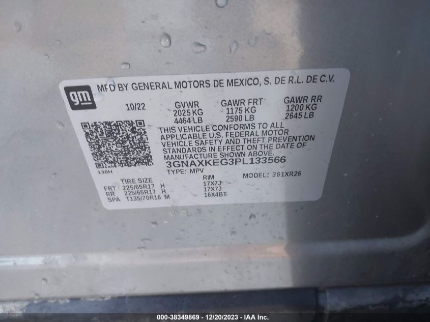 VIN 3GNAXKEG3PL133566 2023 CHEVROLET EQUINOX FWD LT