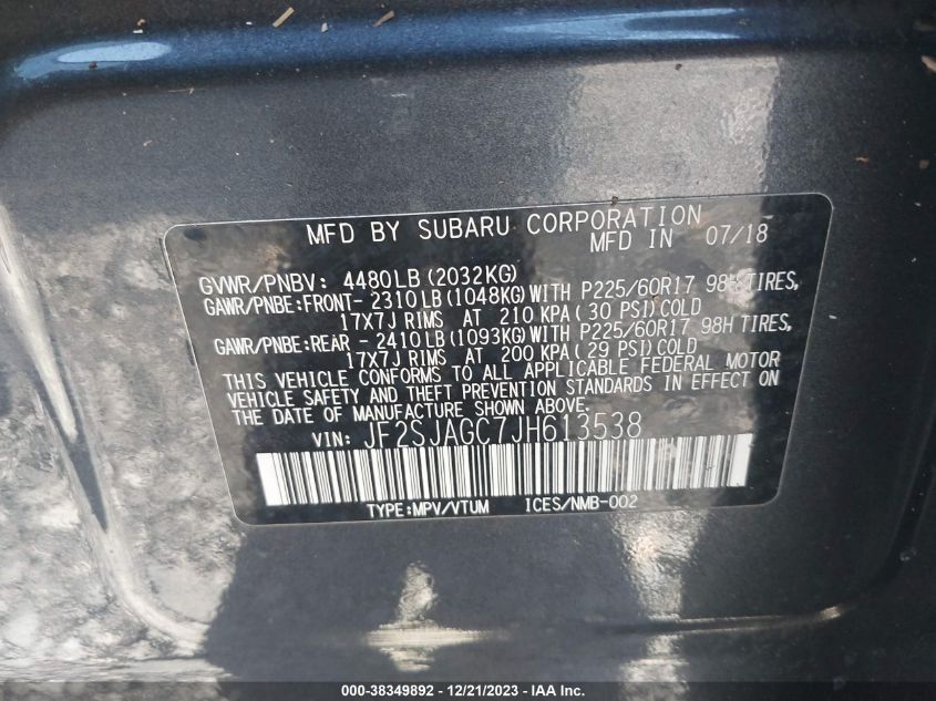 2018 SUBARU FORESTER - JF2SJAGH7JH613538