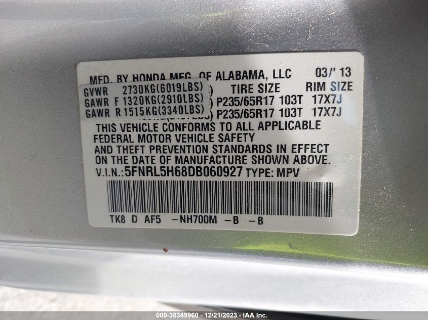2013 HONDA ODYSSEY EX-L - 5FNRL5H68DB060927