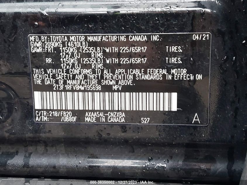 2021 TOYOTA RAV4 LE - 2T3F1RFV8MW195698