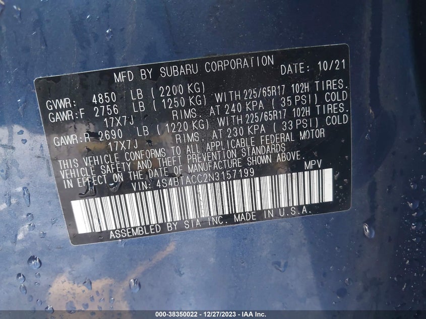 VIN 4S4BTACC2N3157199 2022 SUBARU OUTBACK PREMIUM