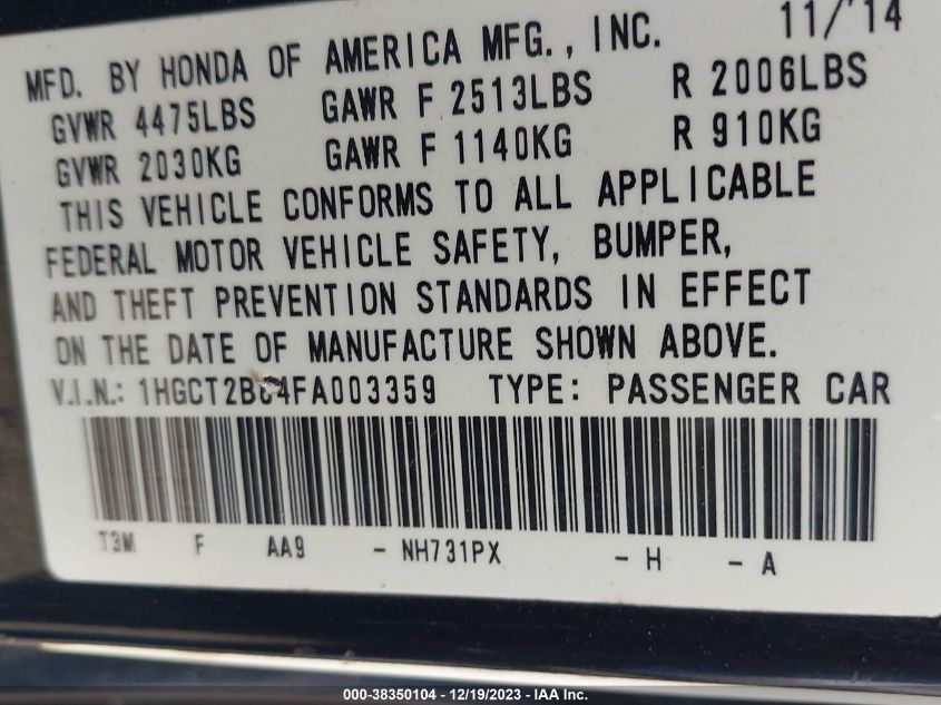 2015 HONDA ACCORD EXL - 1HGCT2B84FA003359