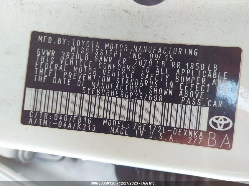 2016 TOYOTA COROLLA LE PLUS - 5YFBURHE8GP397698