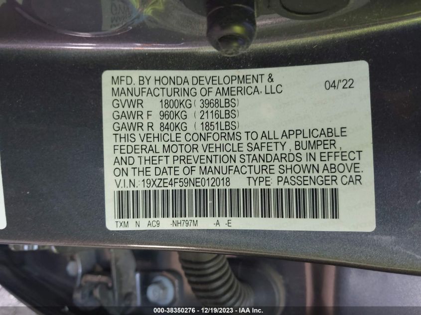 2022 HONDA INSIGHT EX - 19XZE4F59NE012018
