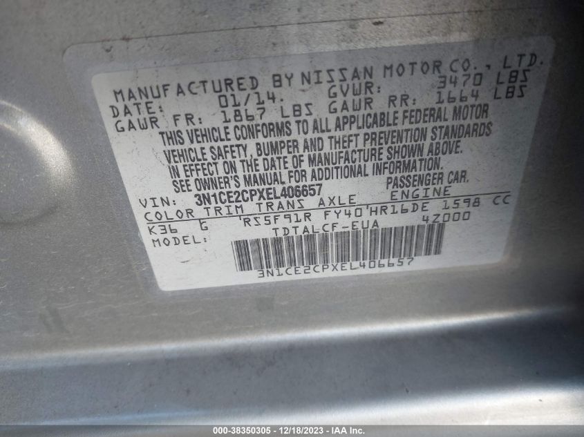 2014 NISSAN VERSA NOTE S (SR) - 3N1CE2CPXEL406657
