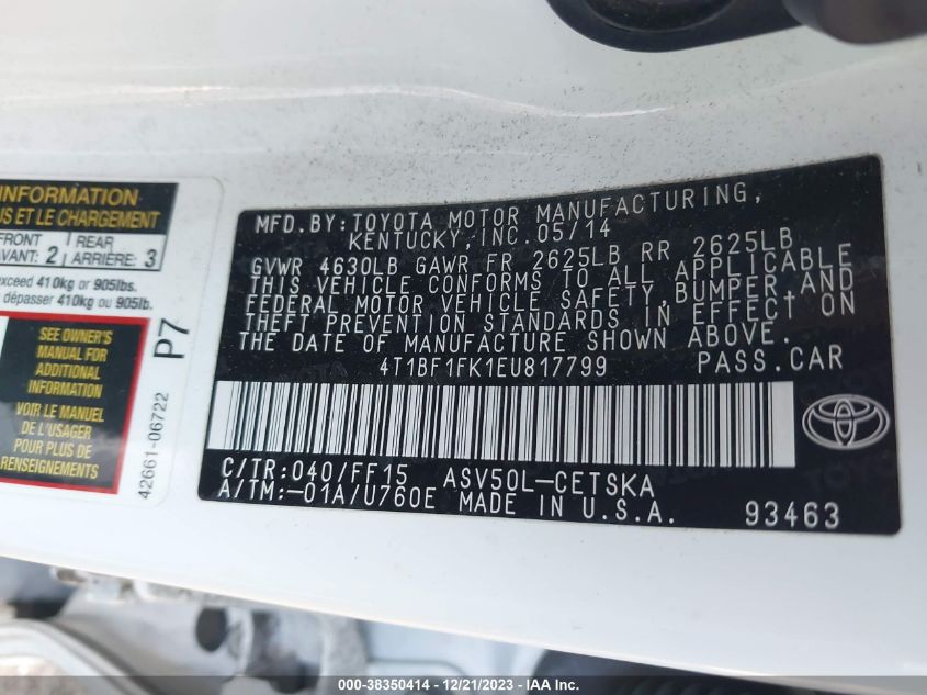 2014 TOYOTA CAMRY L/SE/LE/XLE - 4T1BF1FK1EU817799