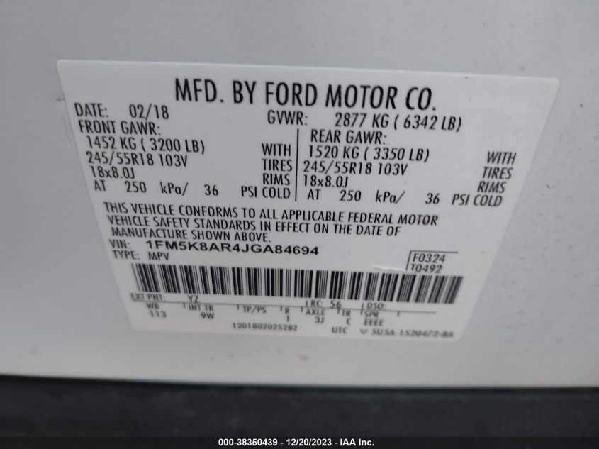 2018 FORD POLICE INTERCEPTOR UTILITY - 1FM5K8AR4JGA84694