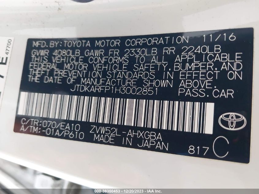 2017 TOYOTA PRIUS PRIME - JTDKARFP1H3002851