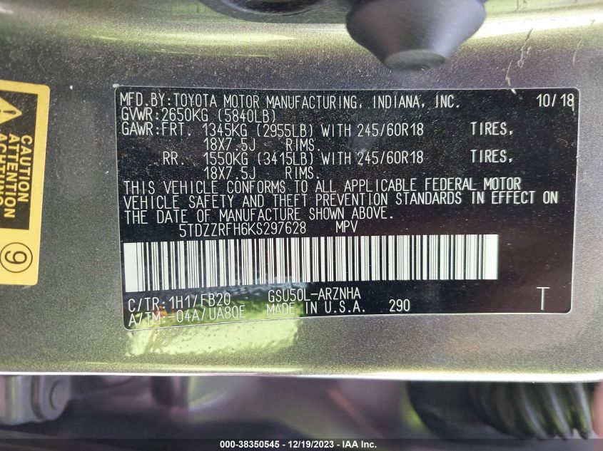 2019 TOYOTA HIGHLANDER LE/LE PLUS - 5TDZZRFH6KS297628