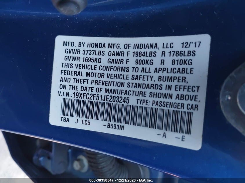 VIN 19XFC2F51JE203245 2018 HONDA CIVIC LX