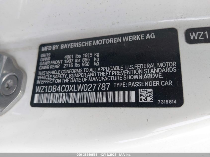 2020 TOYOTA GR SUPRA 3.0 PREMIUM WZ1DB4C0XLW027787