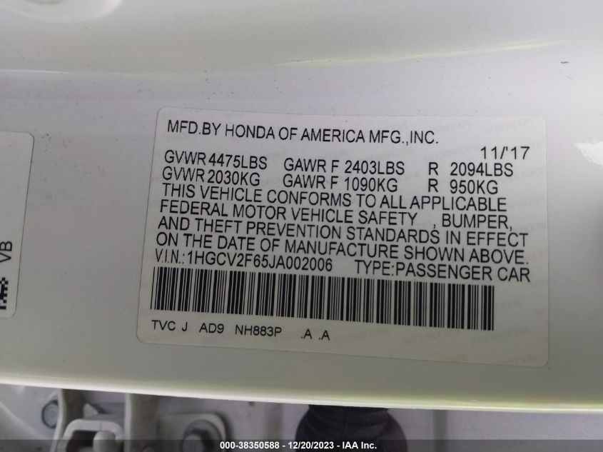 2018 HONDA ACCORD EXL - 1HGCV2F65JA002006