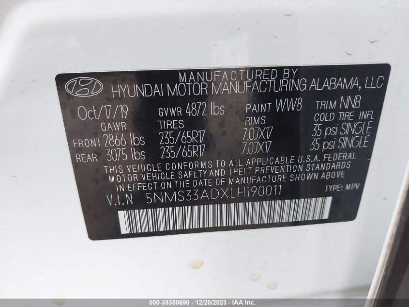 2020 HYUNDAI SANTA FE SEL - 5NMS33ADXLH190011