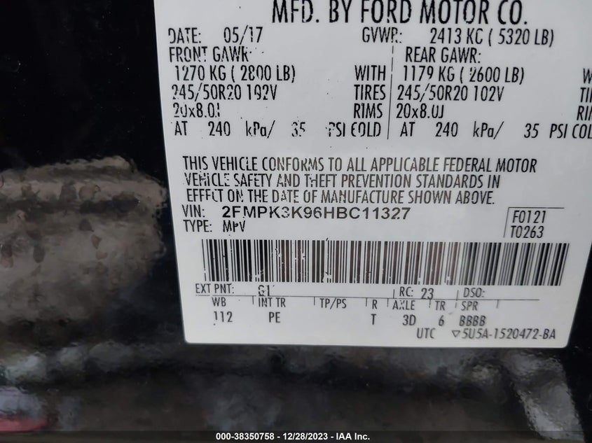 VIN 2FMPK3K96HBC11327 2017 FORD EDGE TITANIUM