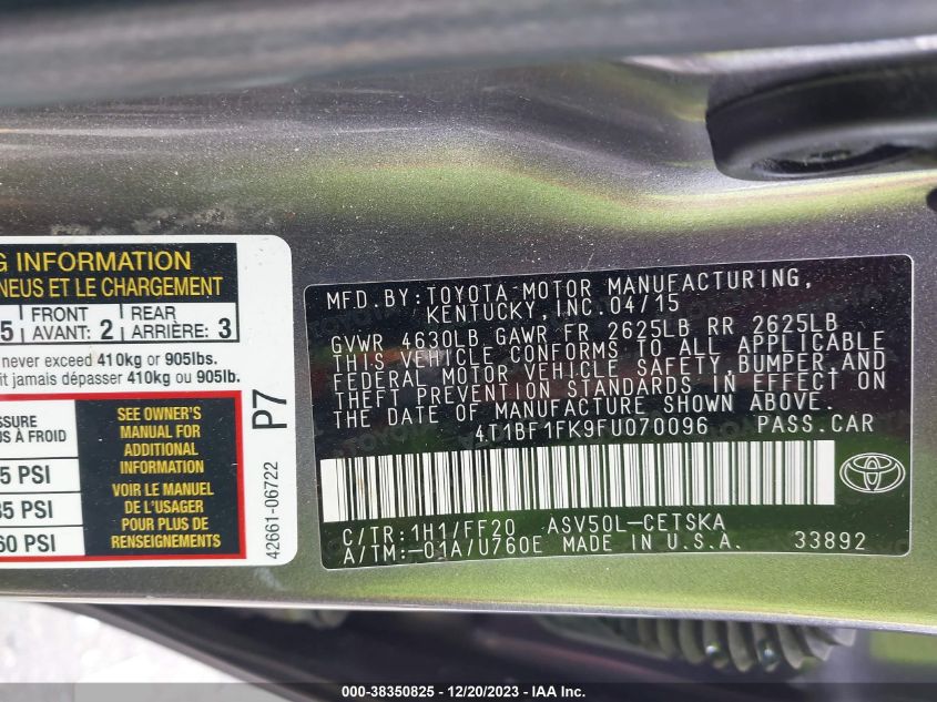 2015 TOYOTA CAMRY LE/XLE/SE/XSE - 4T1BF1FK9FU070096