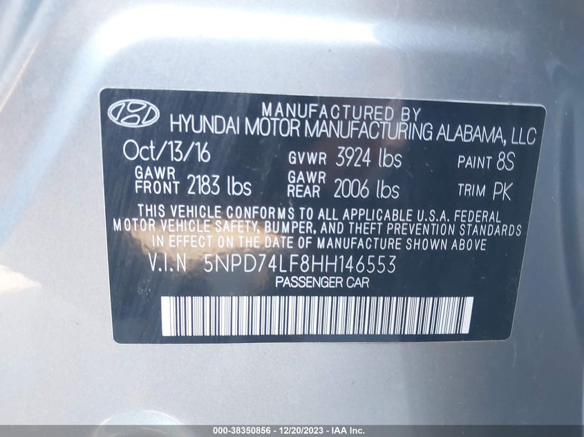 VIN 5NPD74LF8HH146553 2017 HYUNDAI ELANTRA SE