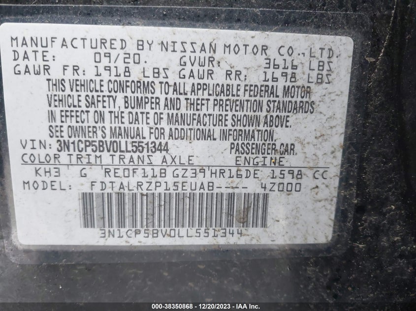 VIN 3N1CP5BV0LL551344 2020 NISSAN KICKS S