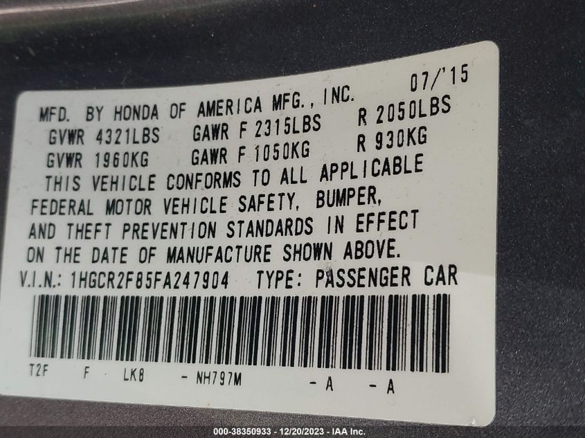2015 HONDA ACCORD EXL - 1HGCR2F85FA247904