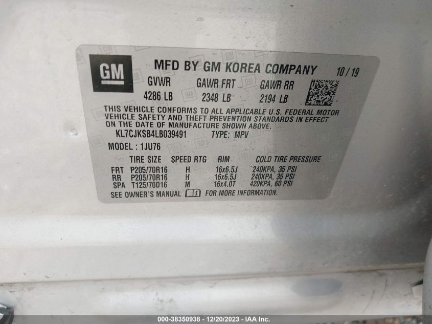 2020 CHEVROLET TRAX FWD LS - KL7CJKSB4LB039491
