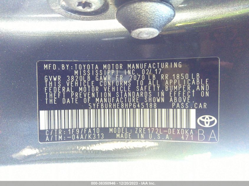 2017 TOYOTA COROLLA L/LE/XLE/SE/XSE - 5YFBURHE8HP645188