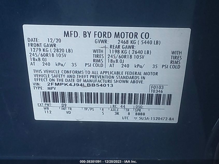 2FMPK4J94LBB54013 2020 FORD EDGE, photo no. 9