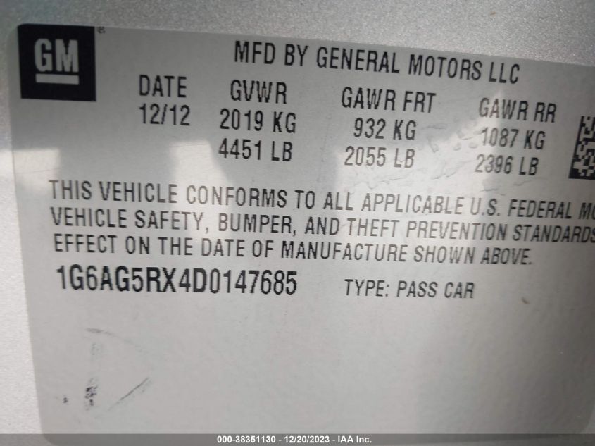 2013 CADILLAC ATS - 1G6AG5RX4D0147685