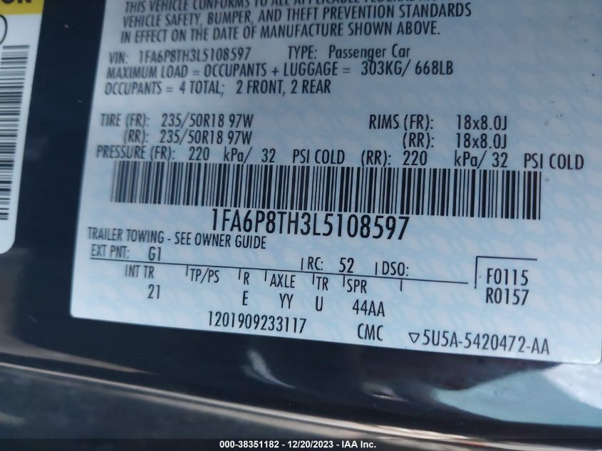 2020 FORD MUSTANG ECOBOOST FASTBACK - 1FA6P8TH3L5108597