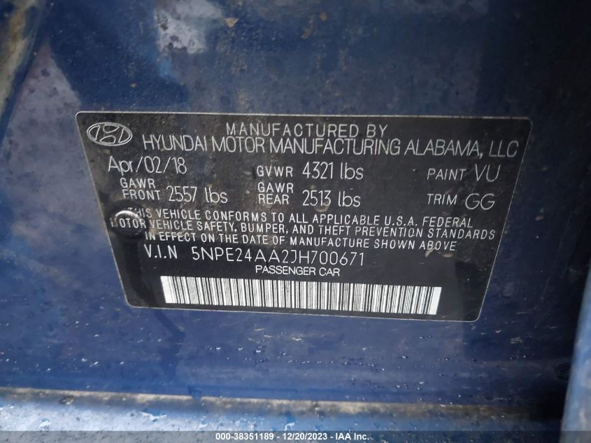 VIN 5NPE24AA2JH700671 2018 HYUNDAI SONATA ECO