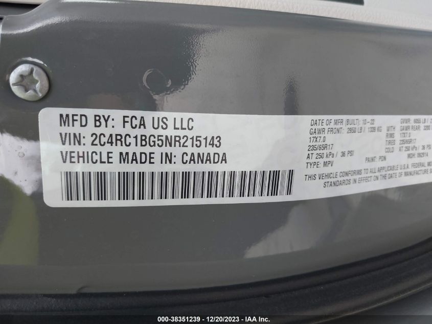 2022 CHRYSLER PACIFICA TOURING L - 2C4RC1BG5NR215143