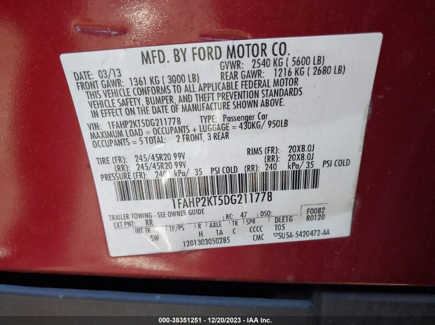 2013 FORD TAURUS SHO - 1FAHP2KT5DG211778