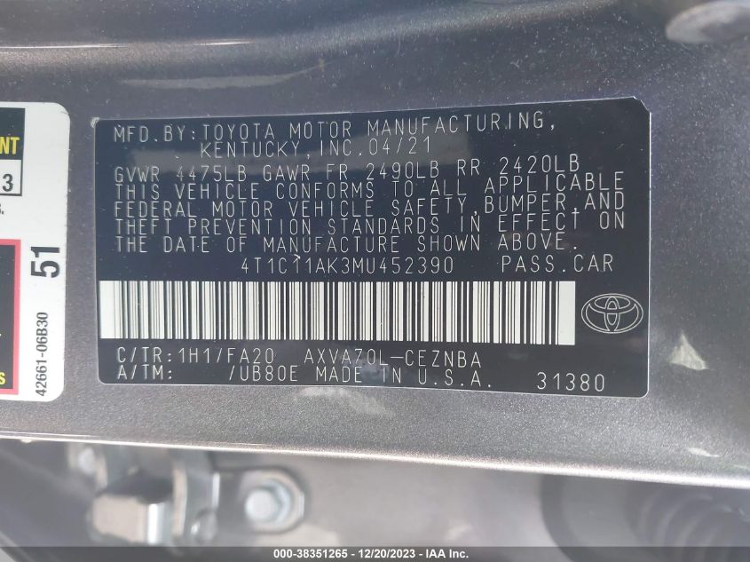 2021 TOYOTA CAMRY LE - 4T1C11AK3MU452390