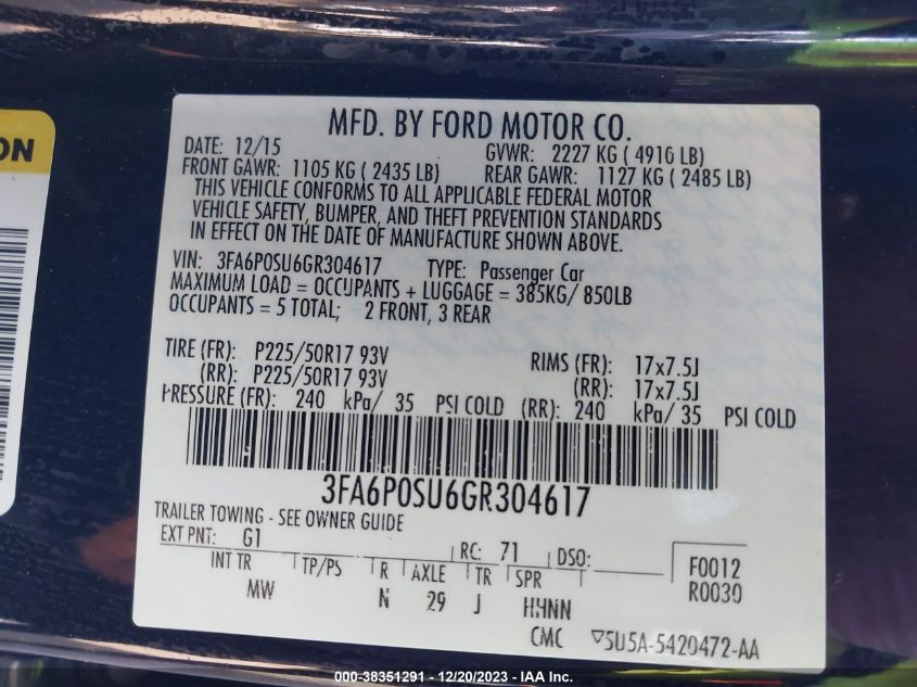 2016 FORD FUSION ENERGI TITANIUM - 3FA6P0SU6GR304617