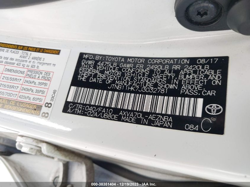 2018 TOYOTA CAMRY LE - JTNB11HK7J3032781