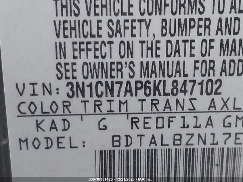 2019 NISSAN VERSA S/S PLUS/SV - 3N1CN7AP6KL847102