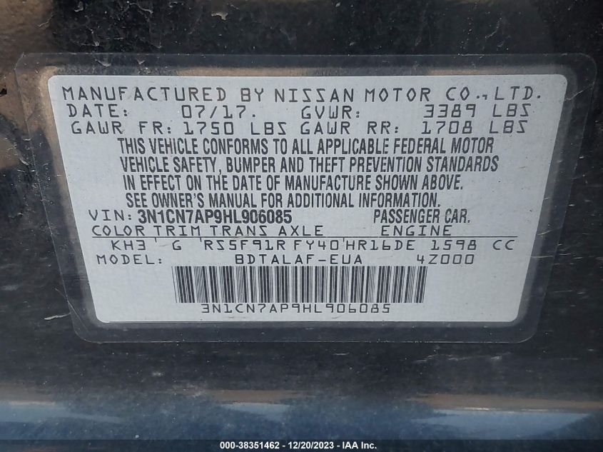 2017 NISSAN VERSA 1.6 S - 3N1CN7AP9HL906085