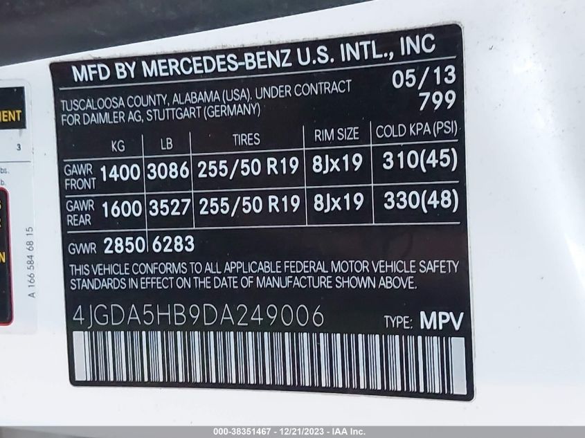 2013 MERCEDES-BENZ ML 350 4MATIC 4JGDA5HB9DA249006