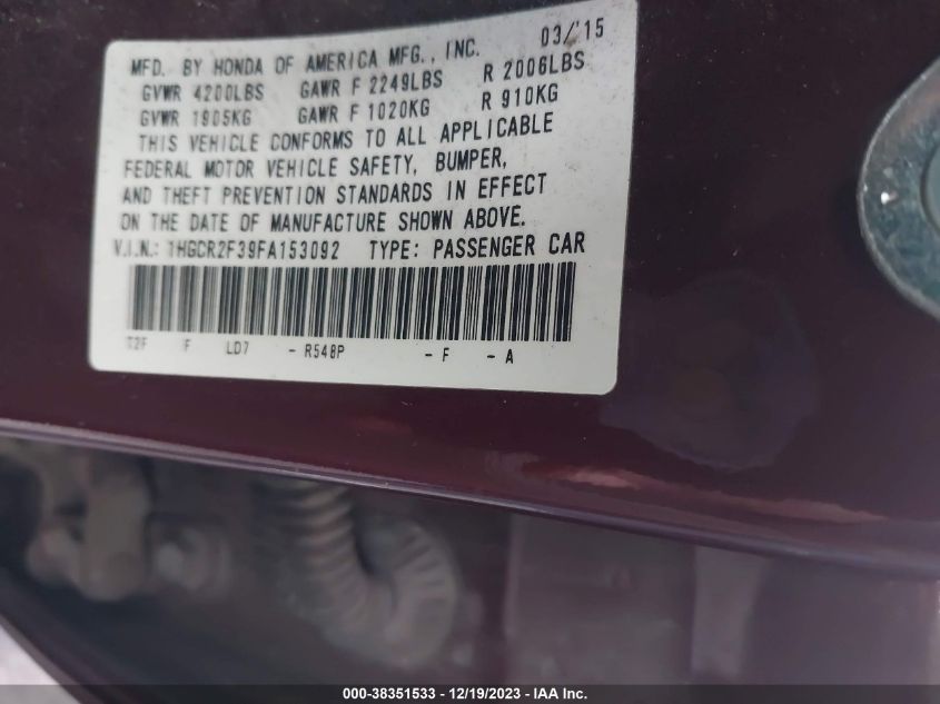 2015 HONDA ACCORD LX - 1HGCR2F39FA153092