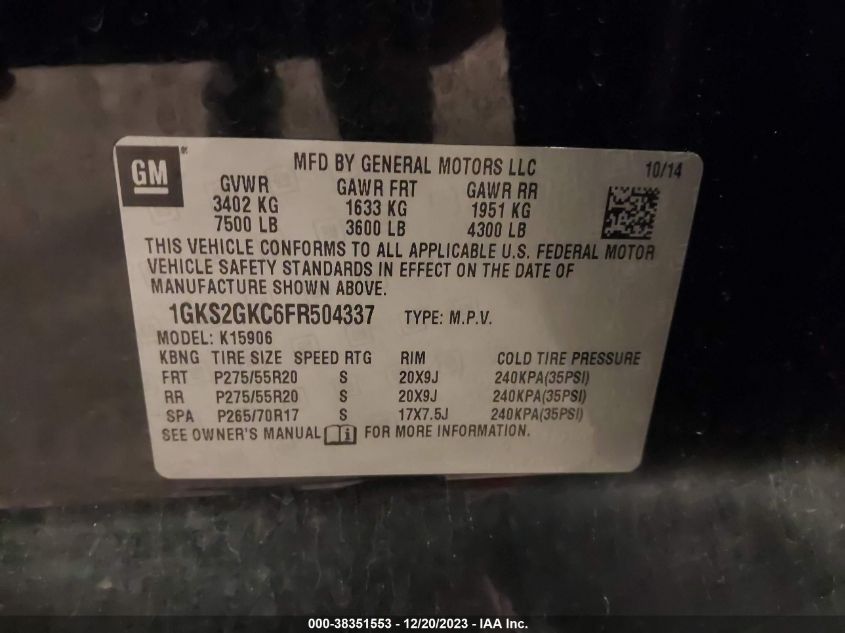 2015 GMC YUKON XL 1500 SLE - 1GKS2GKC6FR504337
