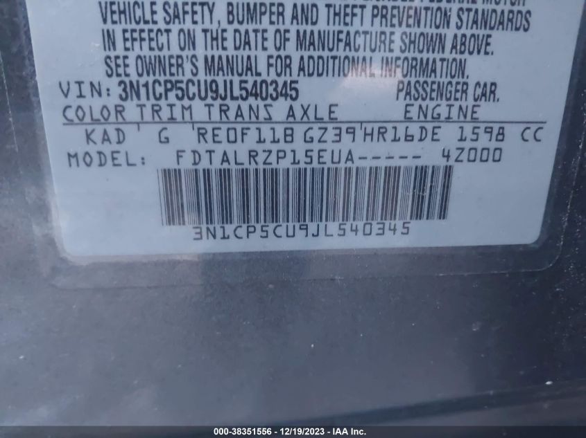 2018 NISSAN KICKS S/SR/SV - 3N1CP5CU9JL540345