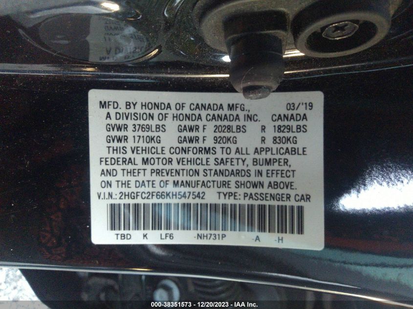 2019 HONDA CIVIC LX - 2HGFC2F66KH547542