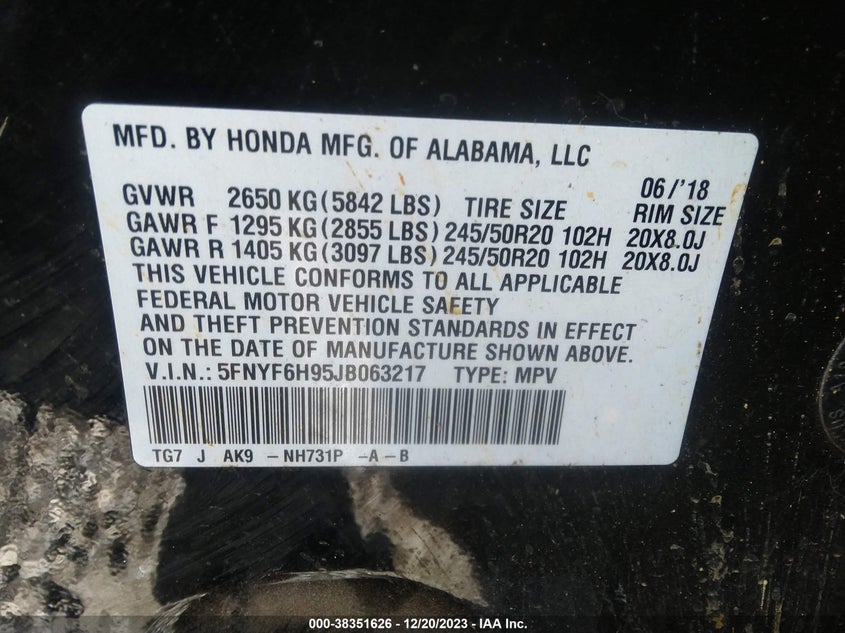 VIN 5FNYF6H95JB063217 2018 HONDA PILOT TOURING