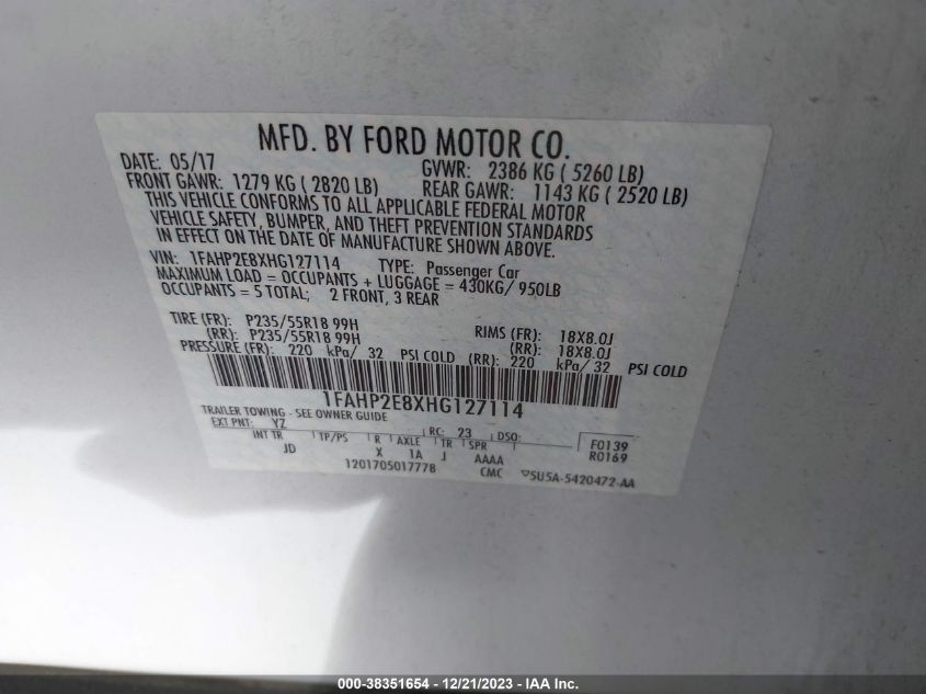 2017 FORD TAURUS SEL - 1FAHP2E8XHG127114