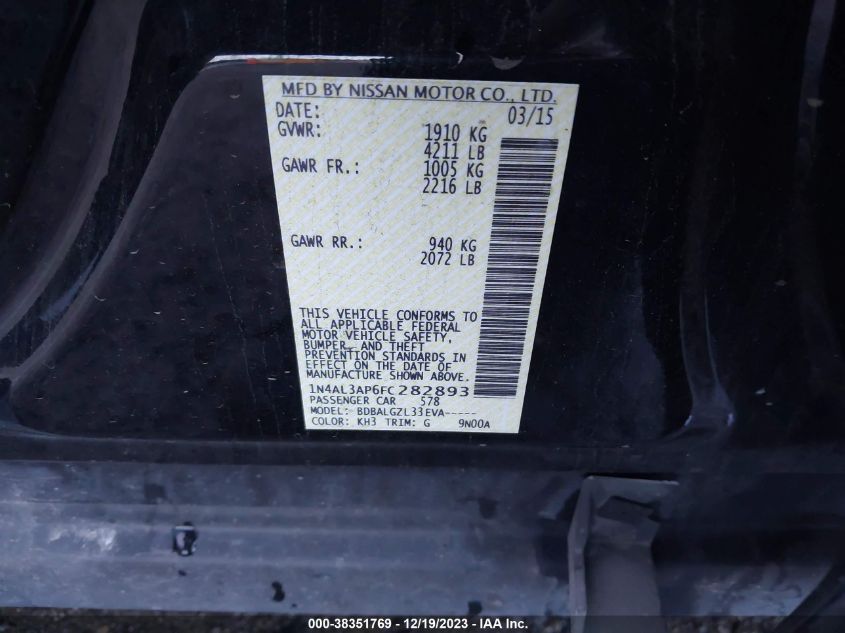 2015 NISSAN ALTIMA 2.5/S/SV/SL - 1N4AL3AP6FC282893