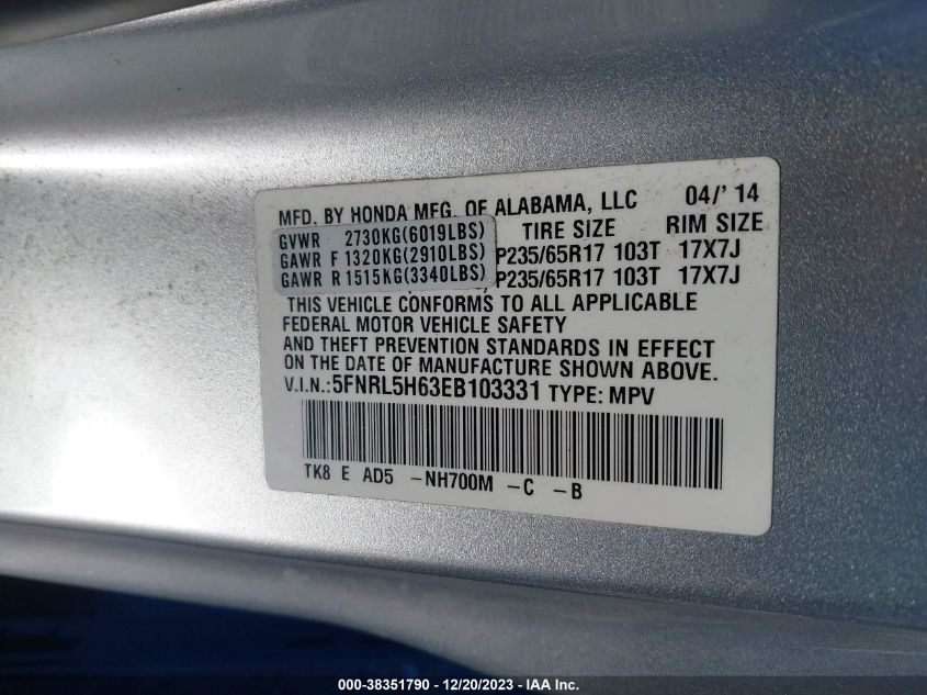 5FNRL5H63EB103331 2014 HONDA ODYSSEY, photo no. 9