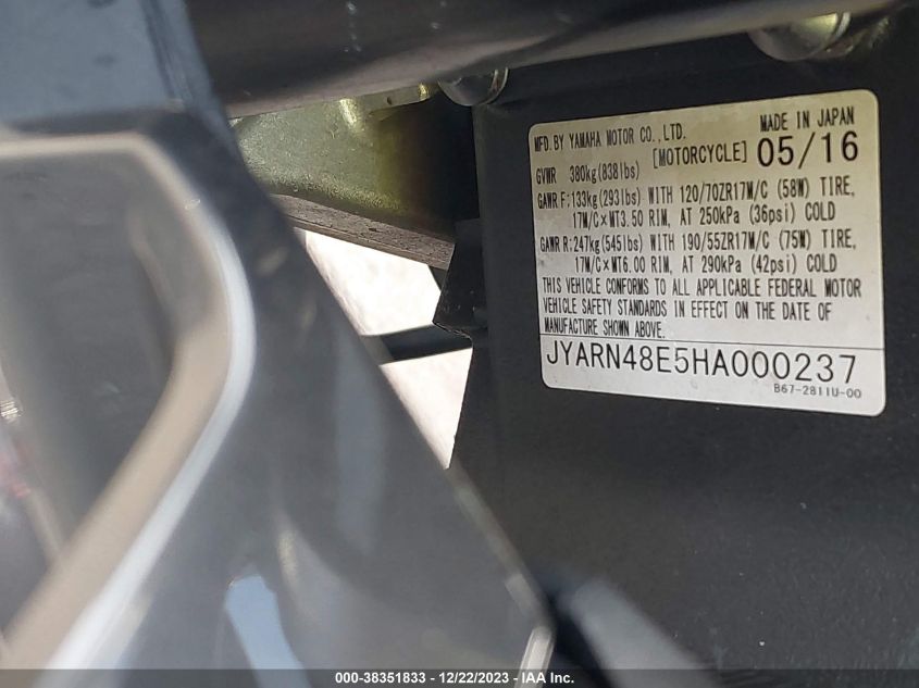 2017 YAMAHA FZ10 - JYARN48E5HA000237