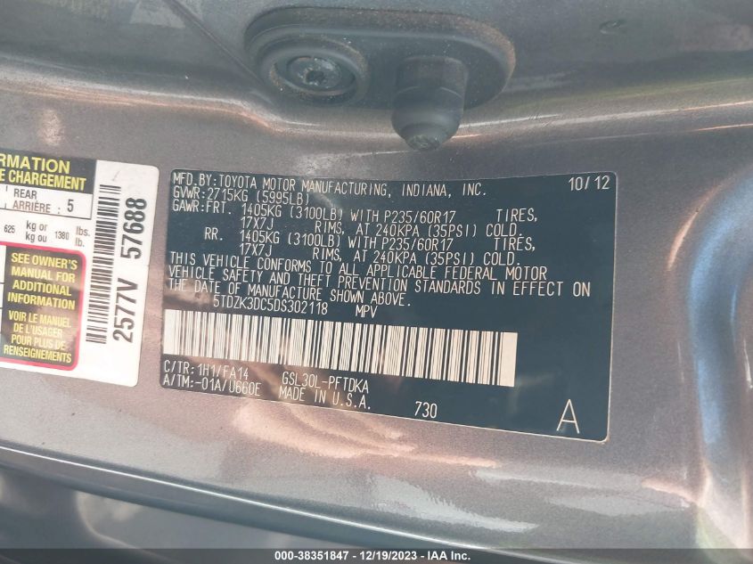 2013 TOYOTA SIENNA L V6 7 PASSENGER - 5TDZK3DC5DS302118